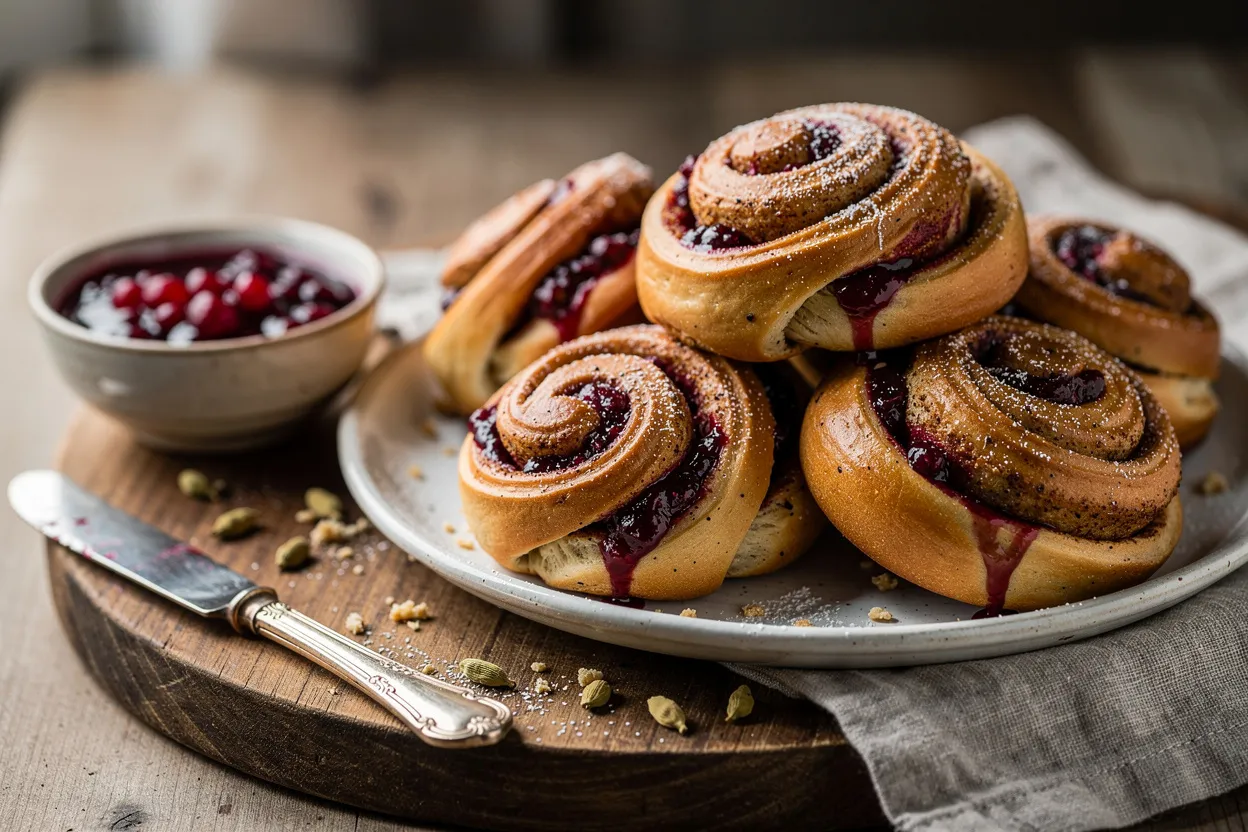 A close, warm food photography shot of Swedish Cardamom Buns filled with low-sugar lingonberry jam. Visible: golden, twisted cardamom buns with glistening lingonberry jam oozing from the centers, dusted lightly with powdered sugar, small bowl of lingonberry jam, a few green cardamom pods and a vintage butter knife on a rustic wooden board. Style: Nordic/Swedish, cozy breakfast or fika presentation on a ceramic plate with linen napkin, soft natural lighting, shallow depth of field. IMPORTANT: No text, no labels, no captions, no words on the image. Pure food photography only.