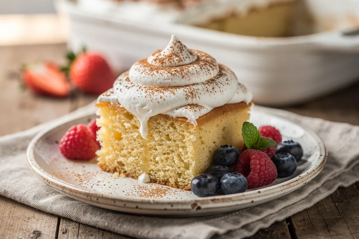 A professional, appetizing food photography shot of Classic Tres Leches Cake with whipped cream topping and a light dusting of cinnamon; visible sponge texture soaked with three milks, a slice plated with fresh berries and a mint sprig. Latin American dessert style, bright natural lighting, shallow depth of field, rustic ceramic plate and simple linen napkin, restaurant-quality presentation. IMPORTANT: No text, no labels, no captions, no words on the image. Pure food photography only.