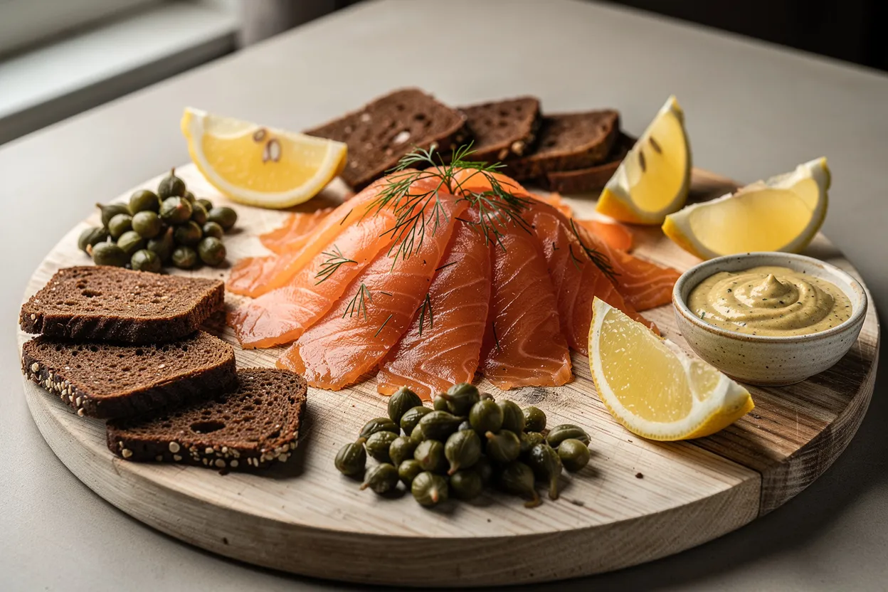 A professional food photograph of Norwegian dill gravlax: thinly sliced cured salmon arranged on a wooden board with fresh dill sprigs, rye bread slices, capers, lemon wedges, and a small bowl of mustard-dill sauce visible. Scandinavian cuisine style, elegant rustic plating, soft natural lighting, shallow depth of field, restaurant-quality presentation. IMPORTANT: No text, no labels, no captions, no words on the image. Pure food photography only.