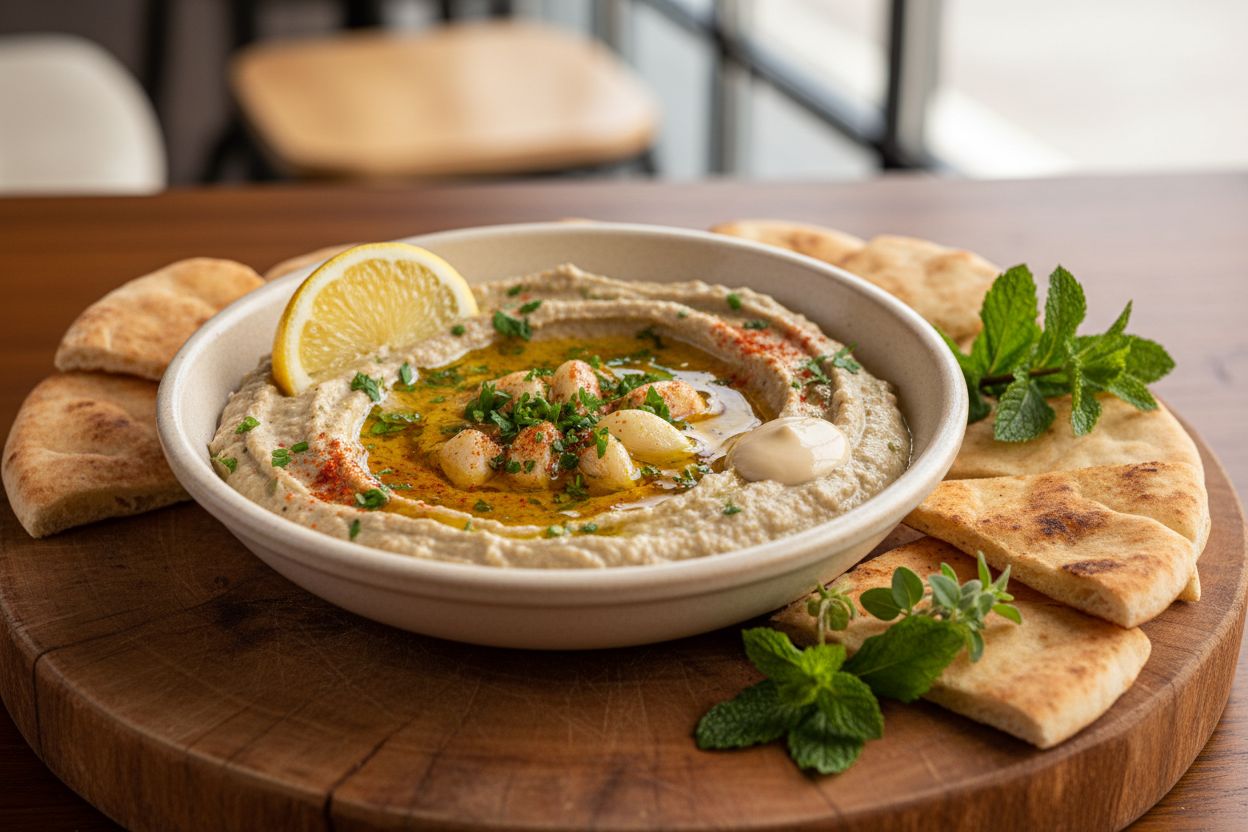 A professional, appetizing food photography shot of Smoky Baba Ganoush. Smooth, creamy eggplant dip in a shallow bowl, visible ingredients: charred eggplant, tahini, lemon wedge, garlic cloves, olive oil drizzle, chopped parsley, and a sprinkle of smoked paprika. Middle Eastern style presentation on a rustic board with warm tones, pita wedges and fresh herbs in the background. Clean, well-lit, restaurant-quality presentation with shallow depth of field and natural lighting. IMPORTANT: No text, no labels, no captions, no words on the image. Pure food photography only.