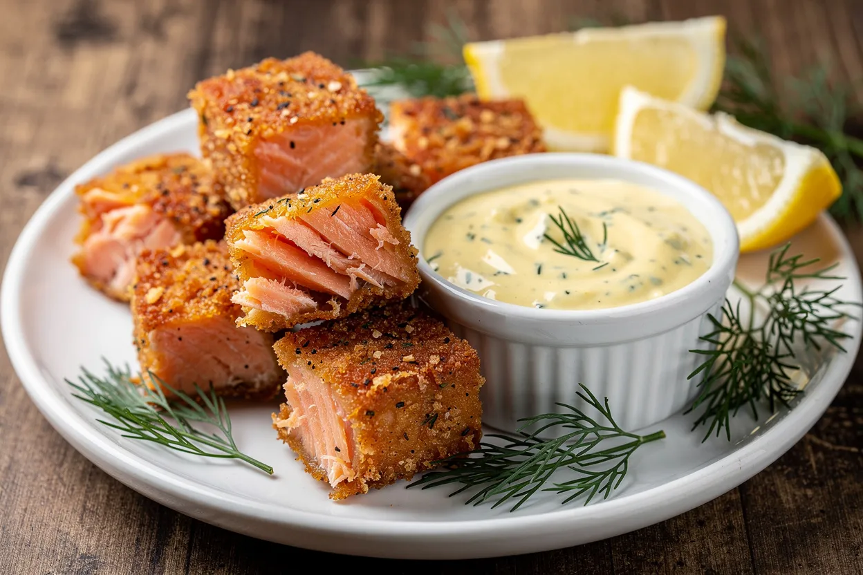 A professional, appetizing food photography shot of Crispy Air Fryer Salmon Bites with Lemon-Dill Aioli. Golden, crunchy salmon cubes arranged on a small platter with a ramekin of pale yellow lemon-dill aioli, visible fresh dill sprigs and lemon wedges. Modern American snack/appetizer style, clean white plate on a rustic wooden table, high-end restaurant-quality presentation, soft natural lighting, shallow depth of field. IMPORTANT: No text, no labels, no captions, no words on the image. Pure food photography only.