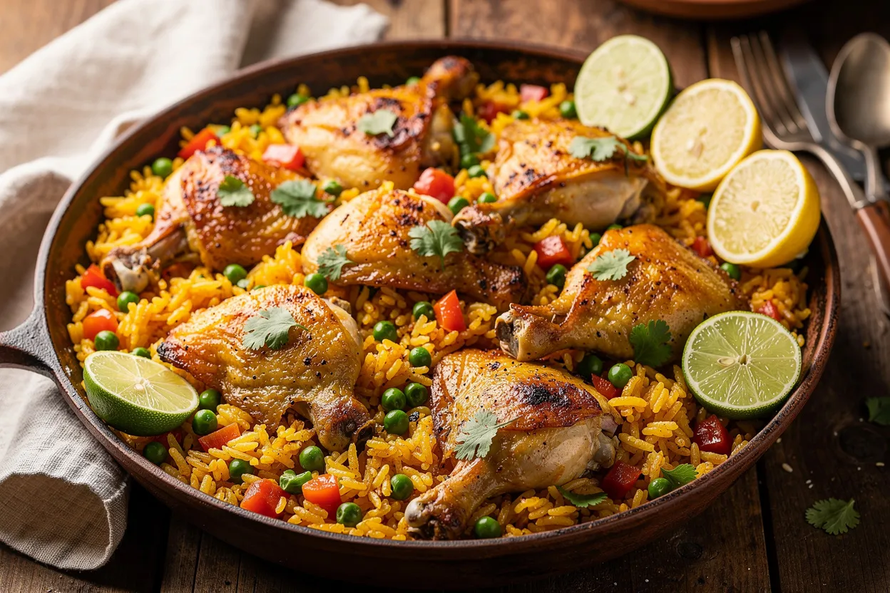 A warm, rustic food photography shot of Classic Arroz con Pollo: golden-browned chicken thighs nestled on a bed of yellow rice, peas, diced red bell pepper, and chopped cilantro. Visible ingredients: bone-in chicken thighs, long-grain rice, green peas, red bell pepper, tomatoes, cilantro, lemon wedge on the side. Presentation: served family-style in a wide shallow clay or cast-iron pot, sprinkled with fresh cilantro and lime wedges, Latin American cuisine, homey and comforting styling. Lighting: soft natural light, shallow depth of field, high-end food magazine quality. IMPORTANT: No text, no labels, no captions, no words on the image. Pure food photography only.