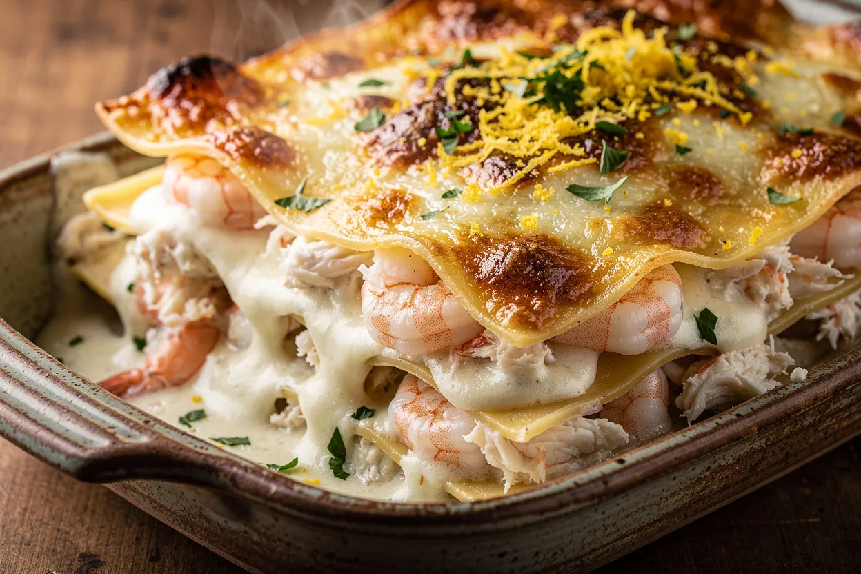 Seafood Lasagna with Shrimp and Crab in Cream Sauce: visible layers of lasagna noodles, whole shrimp, chunks of lump crab meat, melted mozzarella and grated Parmesan, creamy white wine béchamel, fresh parsley and lemon zest on top. Italian-style baked presentation in a rustic ceramic baking dish, golden bubbling cheese, close-up, restaurant-quality food photography, warm natural lighting, shallow depth of field. IMPORTANT: No text, no labels, no captions, no words on the image. Pure food photography only.