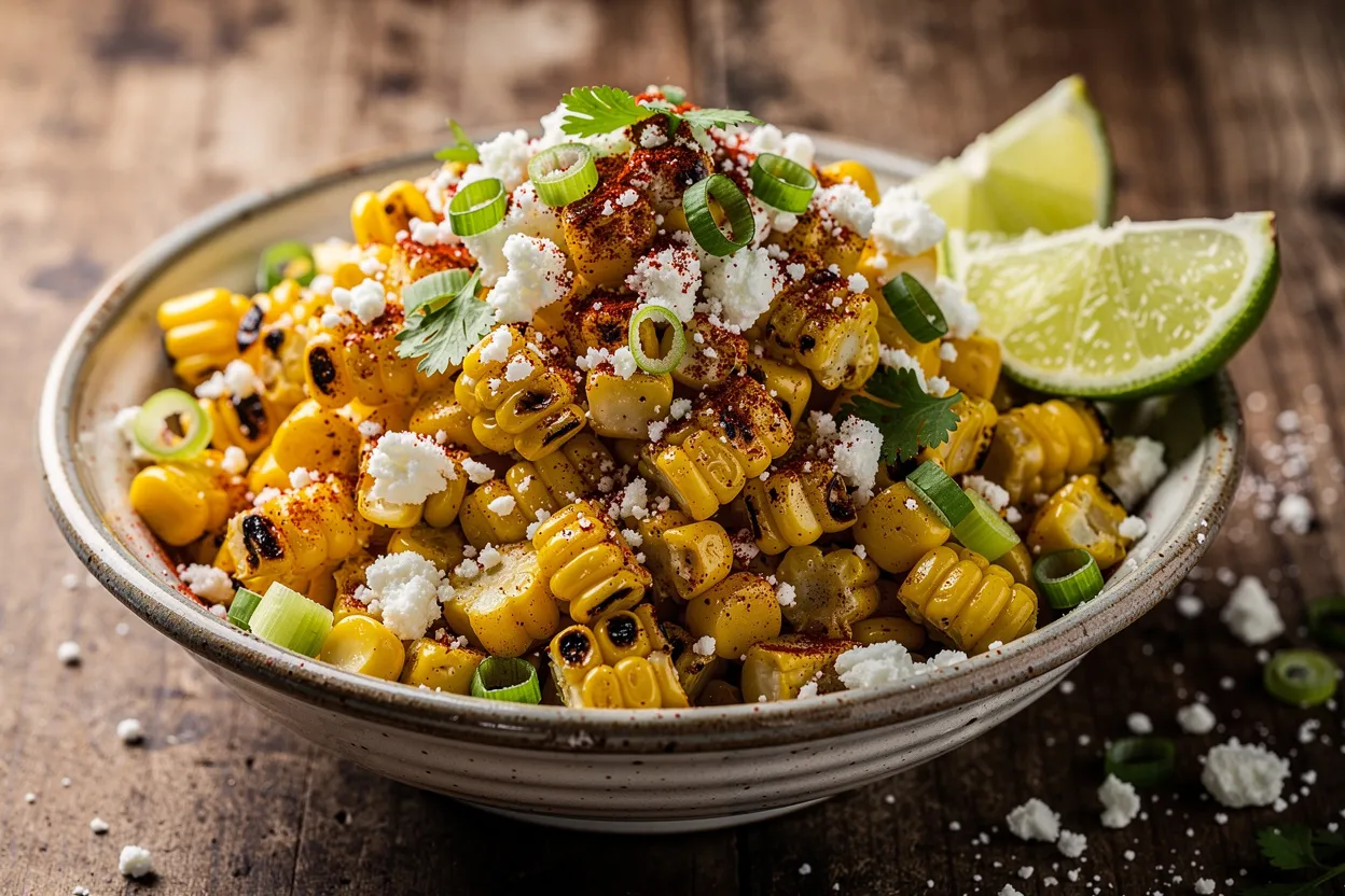 Mexican Street Corn Salad (Esquites style) in a rustic bowl: charred corn kernels, crumbled Cotija, chopped cilantro, sliced green onions, lime wedges, and a sprinkle of chili powder visible on top. Cuisine: Mexican street food, casual rustic plating, bright colors, close-up, shallow depth of field, natural light, appetizing and vibrant presentation. IMPORTANT: No text, no labels, no captions, no words on the image. Pure food photography only.