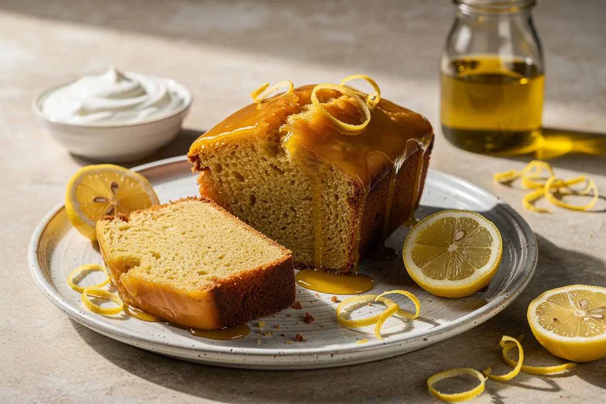 A professional, appetizing food photography shot of Lemon Honey Greek Yogurt Cake with Olive Oil Glaze. Visible: a sliced golden loaf cake with glossy olive oil-honey glaze pooling slightly at the base, lemon slices and zest scattered nearby, a bowl of Greek yogurt and a small jar of olive oil in the background. Style: modern Mediterranean dessert, rustic ceramic cake plate, natural light, shallow depth of field, warm tones. Composition emphasizes moist crumb and glossy glaze. IMPORTANT: No text, no labels, no captions, no words on the image. Pure food photography only.