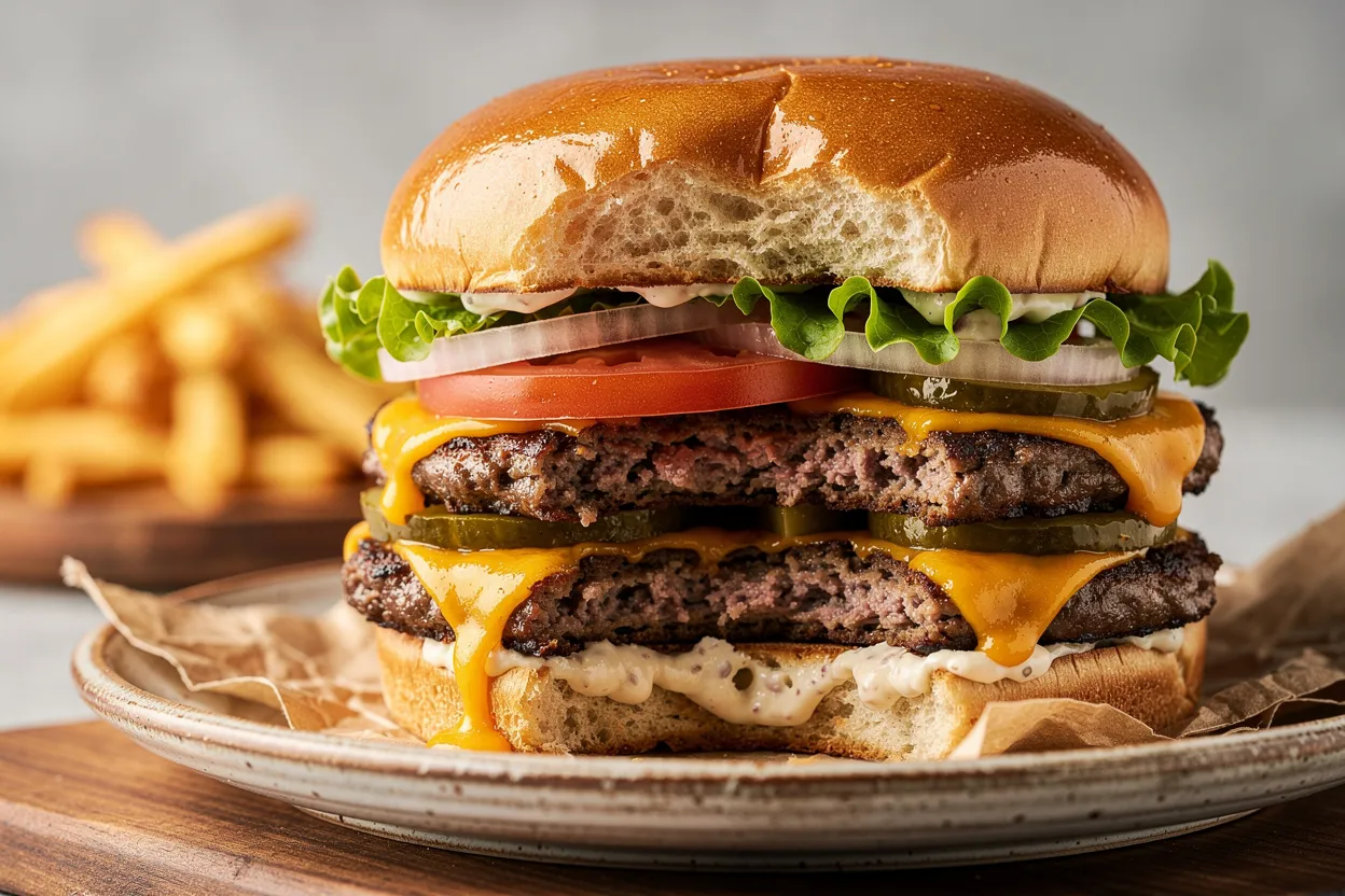 A professional, appetizing food photography shot of a Big Smash Burger with crispy seared edges and melted cheddar. Visible ingredients: thin, dark-crisp beef patties with bubbling cheese, toasted brioche bun, sliced pickles, thinly sliced onion, tomato slice, lettuce, and a smear of tangy sauce. Style: American diner/comfort food, rustic plate, slightly messy stacked burger with a bite taken to show interior. Presentation: bright natural lighting, shallow depth of field, restaurant-quality styling on a wooden board with napkin and a side of fries blurred in background. IMPORTANT: No text, no labels, no captions, no words on the image. Pure food photography only.
