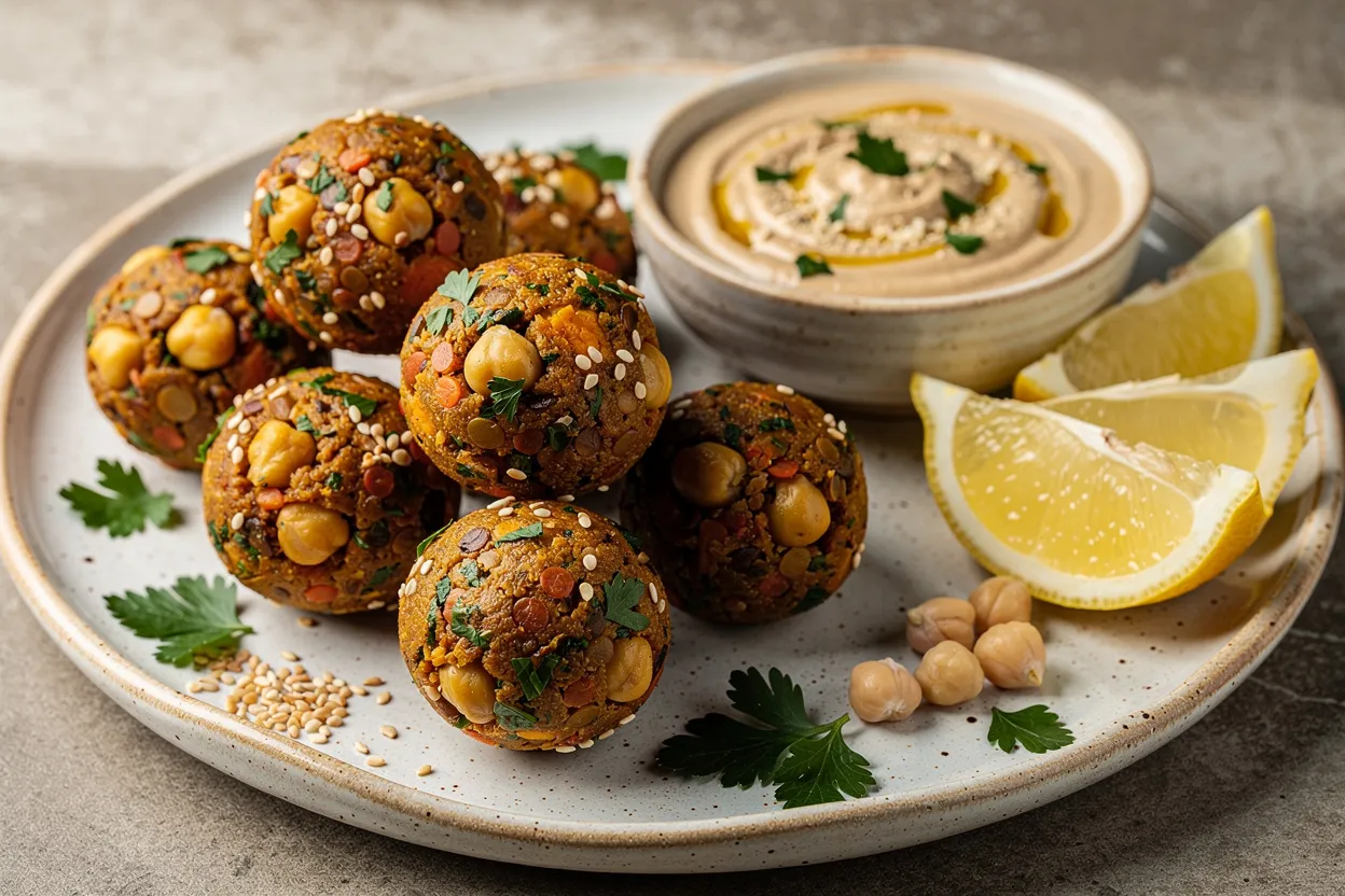 A close-up food photography shot of Spiced Chickpea & Lentil Protein Bites: golden-browned bite-sized balls arranged on a rustic ceramic platter with visible chickpeas, red lentils, sesame seeds, and fresh parsley garnishes. Styled as a Mediterranean-inspired snack, plated with a small bowl of tahini dipping sauce and lemon wedges, warm natural lighting, shallow depth of field, textured background, restaurant-quality presentation. IMPORTANT: No text, no labels, no captions, no words on the image. Pure food photography only.