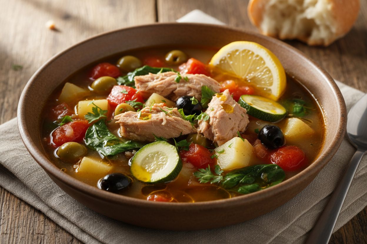 A bright, rustic bowl of Mediterranean Tuna and Vegetable Soup with visible flaked tuna, tomatoes, zucchini, potatoes, olives, spinach, and a lemon wedge. Mediterranean cuisine styling, ceramic bowl, fresh parsley garnish, drizzle of olive oil, warm natural light, shallow depth of field, restaurant-quality food photography. IMPORTANT: No text, no labels, no captions, no words on the image. Pure food photography only.