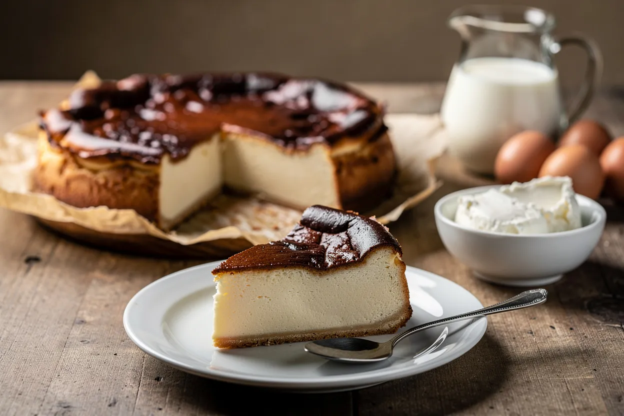 A professional, appetizing food photography shot of Burnt Basque Cheesecake with a deeply caramelized, dark-brown top and a creamy, custardy interior. Visible: a rustic parchment collar, a slice removed to show the smooth, pale center, and main ingredients in the background such as cream cheese, whole eggs, and a small jug of heavy cream. Style: Spanish Basque, rustic and minimalist. Presentation: single slice on a simple white plate with a small spoon, natural soft lighting, shallow depth of field, restaurant-quality. IMPORTANT: No text, no labels, no captions, no words on the image. Pure food photography only.
