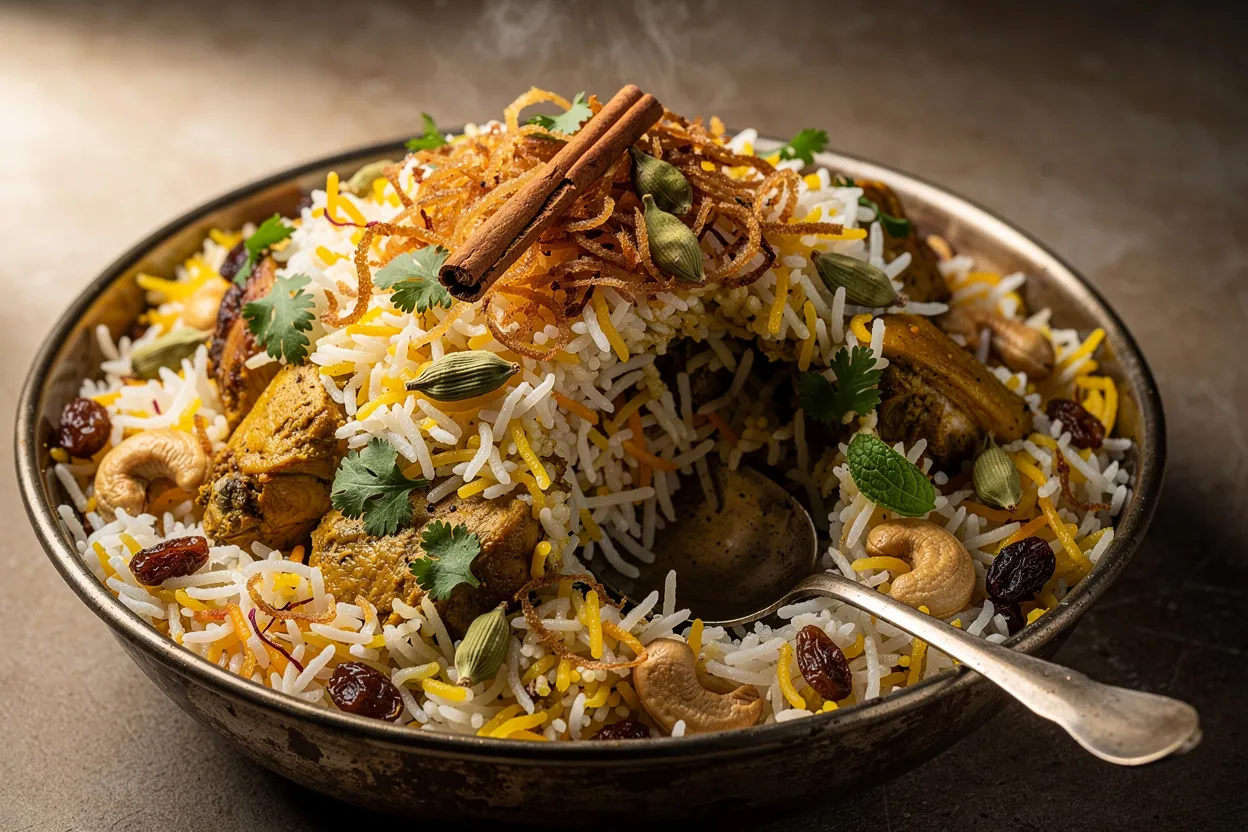 A professional food photograph of Fragrant Pakistani Chicken Biryani with Yogurt Marinade: layered basmati rice and marinated chicken, visible golden fried onions, fresh cilantro and mint, saffron-tinted milk drizzle, whole spices (cinnamon stick, cardamom) and a serving spoon. Styled in a shallow metal handi or rustic serving dish, garnished with toasted cashews and raisins, Pakistani cuisine, dinner presentation, warm natural lighting, shallow depth of field, restaurant-quality plating. IMPORTANT: No text, no labels, no captions, no words on the image. Pure food photography only.