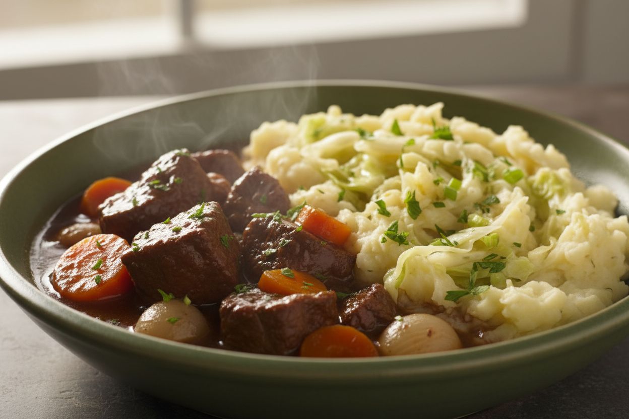 A warm, rustic plate of St. Patrick's Day Guinness Beef Stew with Colcannon Mash. Visible: braised beef chunks in dark Guinness gravy with carrots and onions, creamy mashed potatoes mixed with shredded green cabbage and scallions, sprinkled parsley garnish. Style: Irish comfort food, hearty rustic presentation in a shallow ceramic bowl or cast-iron dish, natural soft lighting, steam rising, high-end food magazine quality. IMPORTANT: No text, no labels, no captions, no words on the image. Pure food photography only.