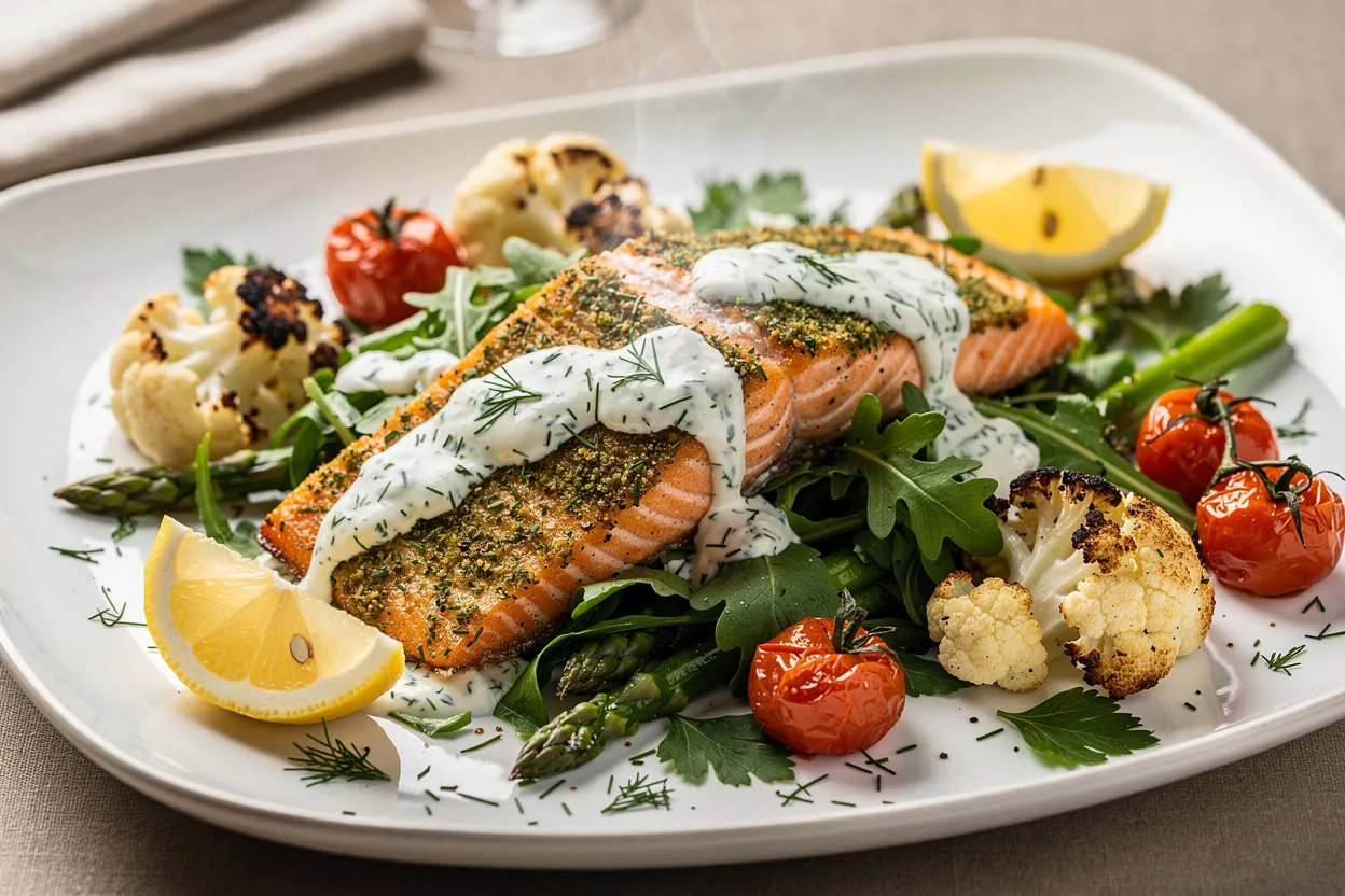 A professional, appetizing food photography shot of Herb-Crusted Salmon with Lemon-Dill Yogurt & Greens. Visible: golden herb-crusted salmon fillets, creamy lemon-dill yogurt sauce drizzled on top, roasted cauliflower florets, asparagus spears and cherry tomatoes, and a bed of fresh arugula. Cuisine style: contemporary American celebration dinner. Presentation: restaurant-quality plating on a large white platter with fresh lemon wedges and scattered chopped dill and parsley. Style: bright natural lighting, shallow depth of field, high-end food magazine quality. IMPORTANT: No text, no labels, no captions, no words on the image. Pure food photography only.