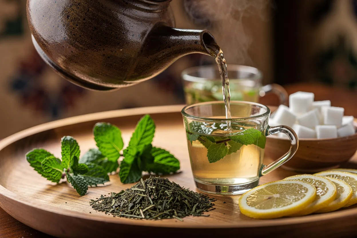 A steaming teapot pouring Moroccan Mint Tea into small glass cups. Visible ingredients: fresh mint leaves, loose green tea leaves, a small bowl of sugar, and lemon slices on the side. Style: Moroccan-inspired beverage, warm and inviting, rustic ceramic teapot and clear glass cups on a wooden tray with a sprig of mint garnish. Presentation: close-up, shallow depth of field, natural soft lighting, high-end food photography. IMPORTANT: No text, no labels, no captions, no words on the image. Pure food photography only.