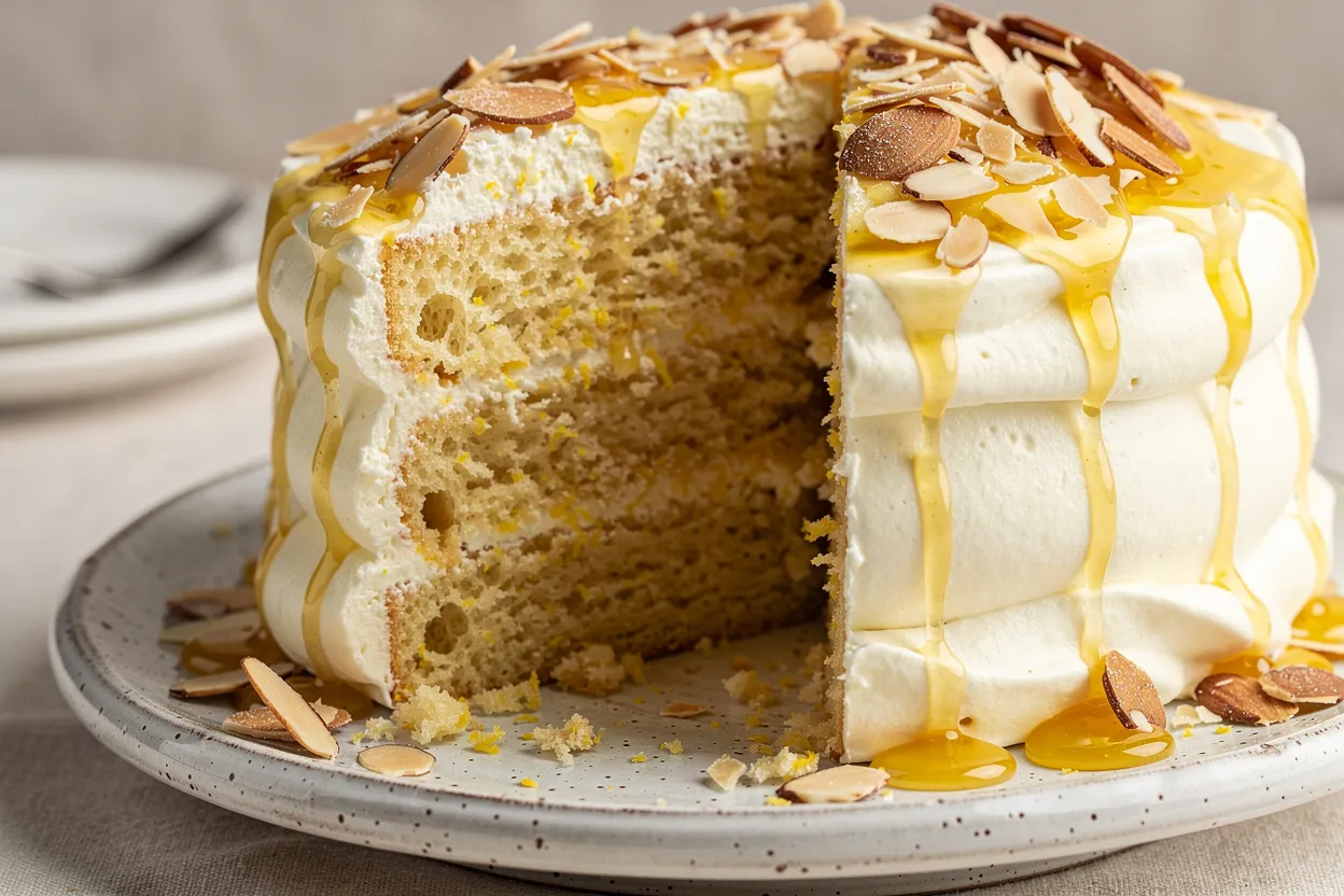 Luscious Lemon Chantilly Cake: a light lemon sponge cake sliced to reveal airy layers filled with silky vanilla Chantilly cream and visible lemon zest, topped with toasted sliced almonds and a glossy lemon syrup drizzle. Style: elegant French-inspired dessert, bright citrus colors, rustic white cake stand, natural soft lighting, shallow depth of field, close-up showing texture of cream and almond crunch. Cuisine: French-inspired dessert, plated for a celebratory table. IMPORTANT: No text, no labels, no captions, no words on the image. Pure food photography only.