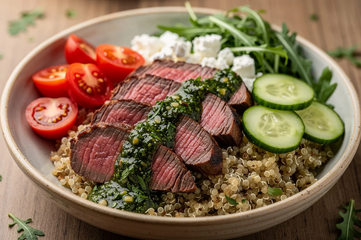 Seared Beef and Quinoa Power Bowl with Chimichurri: close-up food photography of sliced seared beef sirloin, fluffy quinoa, cherry tomatoes, cucumber, arugula, crumbled feta and bright green chimichurri sauce drizzled on top. Argentinian-inspired bowl-style presentation on a shallow ceramic bowl, rustic but refined plating, visible texture of meat and herbs, fresh vibrant colors, natural soft lighting, shallow depth of field, restaurant-quality styling. IMPORTANT: No text, no labels, no captions, no words on the image. Pure food photography only.