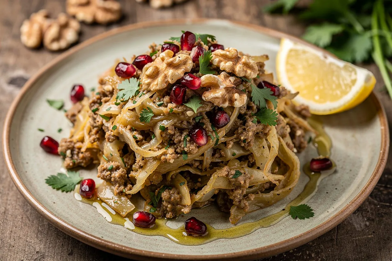 A professional, appetizing food photography shot of Rustic Georgian Cabbage with Walnut Sauce and Herbs. Braised shredded cabbage dressed in a creamy spiced walnut sauce, topped with chopped walnuts, pomegranate seeds, and fresh parsley and cilantro; rustic Georgian cuisine, served on a shallow ceramic plate with a lemon wedge and drizzle of walnut oil. Style: rustic, vibrant, restaurant-quality presentation, natural soft lighting, shallow depth of field. IMPORTANT: No text, no labels, no captions, no words on the image. Pure food photography only.