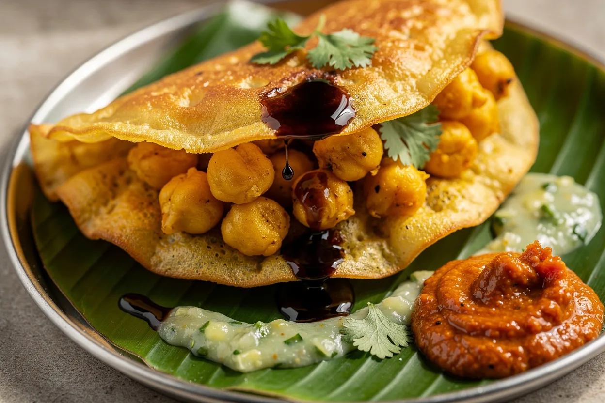 A vibrant, close-up food photography shot of Trinidad doubles: golden, puffed bara (fried flatbreads) folded around bright curried chickpeas, drizzles of dark tamarind sauce, pale green cucumber chutney, and a dollop of fiery pepper sauce on the side. Visible ingredients: bara, curried chickpeas, tamarind glaze, cucumber chutney, pepper sauce, cilantro garnish. Style: Trinidadian street food, casual rustic presentation on a small metal tray or banana leaf, natural soft lighting, shallow depth of field, appetizing and homey. IMPORTANT: No text, no labels, no captions, no words on the image. Pure food photography only.