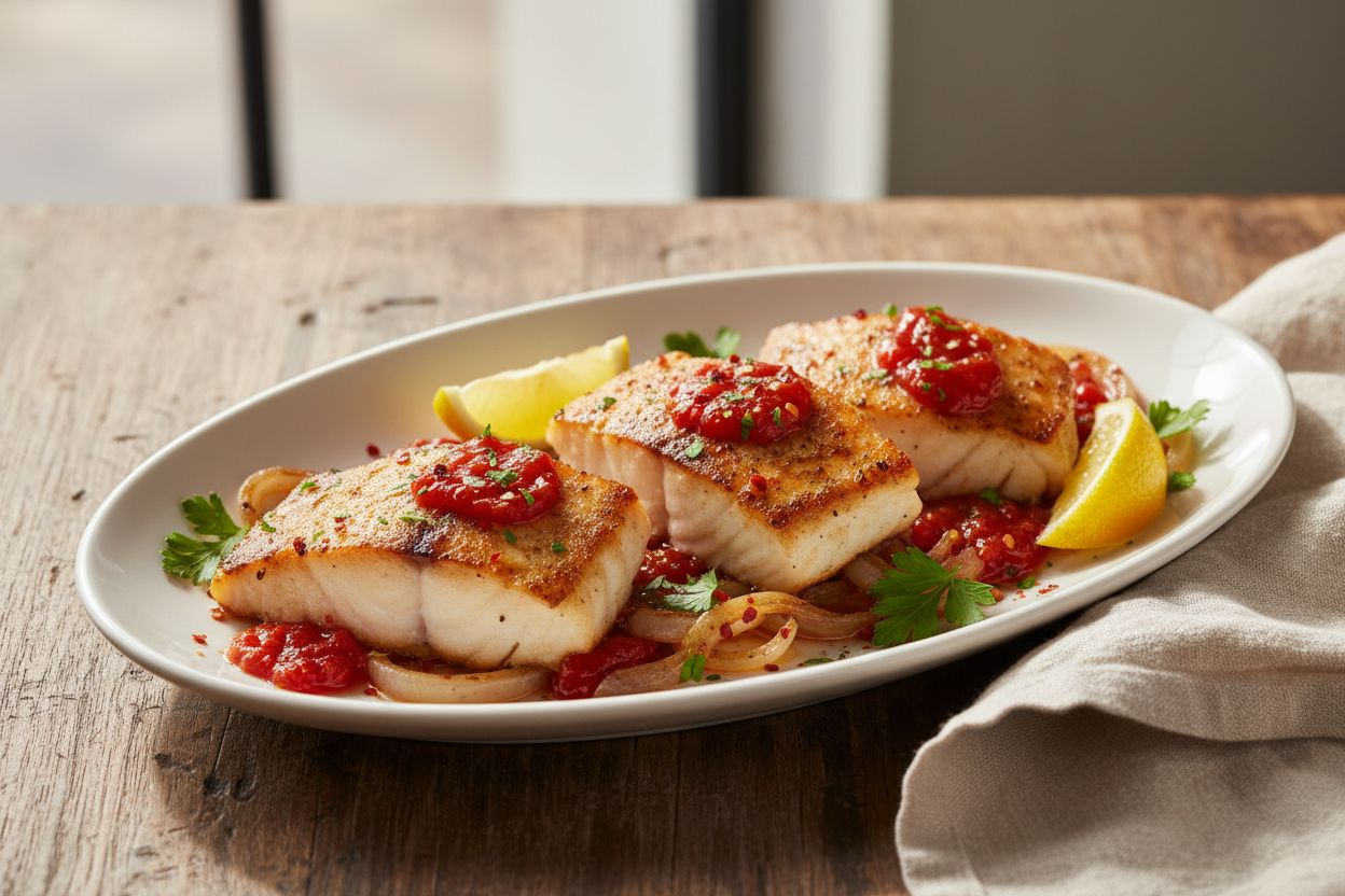 A professional, appetizing food photography shot of Pan-Seared Cod with Tomato Jam & Aleppo Pepper. Visible: golden pan-seared cod fillets glazed with glossy tomato jam, caramelized onions, lemon wedges, chopped parsley, and a light sprinkle of Aleppo pepper. Cuisine style: modern Mediterranean, plated on a shallow white oval dish with a rustic wood table and linen napkin. Style: bright natural lighting, shallow depth of field, restaurant-quality presentation, vibrant color contrast and texture detail. IMPORTANT: No text, no labels, no captions, no words on the image. Pure food photography only.