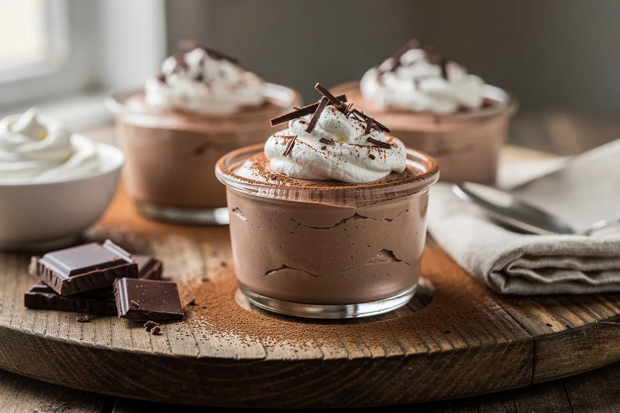 A professional, appetizing food photography shot of Classic Light Chocolate Mousse - Easy & Airy. Smooth, airy chocolate mousse in small glass ramekins topped with a dollop of whipped cream, chocolate shavings, and a light dusting of cocoa powder; main visible ingredients: dark chocolate, whipped cream, cocoa powder. Style: French-inspired dessert, elegant and minimal, restaurant-quality presentation. Presentation: arranged on a rustic wooden board with a linen napkin, soft natural lighting, shallow depth of field, inviting and refined. IMPORTANT: No text, no labels, no captions, no words on the image. Pure food photography only.