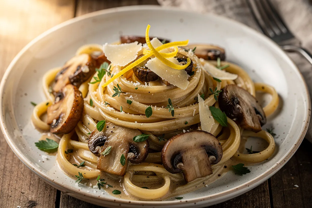 A professional, appetizing food photography shot of One-Pot Creamy Mushroom Pasta with Fresh Thyme and Parmesan. Fettuccine coated in a glossy, creamy mushroom-Parmesan sauce with visible sautéed cremini mushroom slices, flecks of fresh thyme, chopped parsley, and a lemon zest garnish. Style: Italian-inspired comfort food, rustic yet elegant presentation in a shallow ceramic bowl, warm natural lighting, shallow depth of field, main ingredients visible: pasta, mushrooms, cream sauce, Parmesan, thyme, parsley. IMPORTANT: No text, no labels, no captions, no words on the image. Pure food photography only.