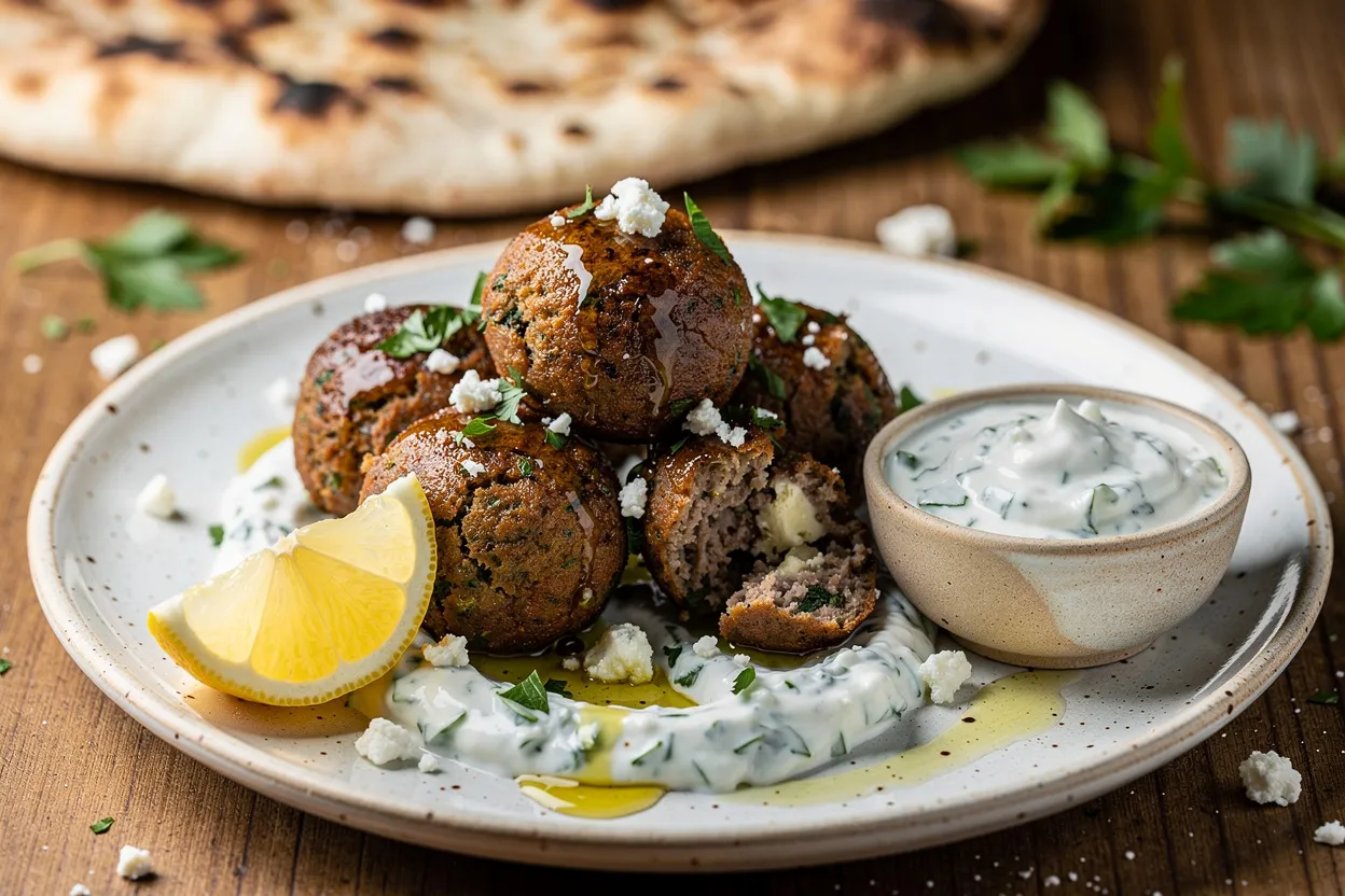 A professional, appetizing food photography shot of Greek Keftedes (herbed beef and feta meatballs) plated with lemon-tzatziki sauce, fresh parsley, and a wedge of lemon. Main visible ingredients: golden-brown meatballs, crumbled feta, chopped parsley, cucumber-yogurt sauce, olive oil drizzle. Cuisine style: Greek / Mediterranean. Presentation: rustic white plate on a wooden table, small bowl of tzatziki beside the meatballs, scattered herbs and a warm pita in the background. Style: bright, natural lighting, shallow depth of field, restaurant-quality composition. IMPORTANT: No text, no labels, no captions, no words on the image. Pure food photography only.