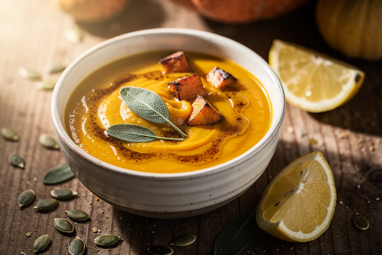 A professional, appetizing food photography shot of Roasted Pumpkin Soup with Sage Brown Butter Drizzle. Visible main ingredients: roasted pumpkin cubes, creamy orange soup in a bowl, crispy sage leaves, browned butter drizzle, toasted pumpkin seeds, and a lemon wedge on the side. Style: American comfort food with autumnal styling, rustic ceramic bowl on a wooden table, warm natural lighting, shallow depth of field, high-end food magazine quality. IMPORTANT: No text, no labels, no captions, no words on the image. Pure food photography only.