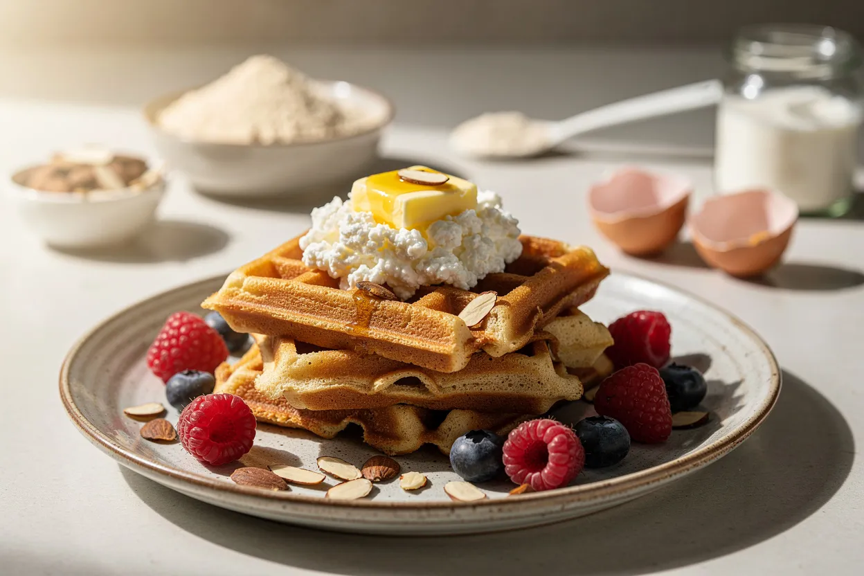 High-Protein Almond Flour Waffles with Cottage Cheese on a rustic plate. Visible golden waffles with a dollop of cottage cheese, scattered sliced almonds, a few fresh berries, and a pat of melted butter; ingredients visible: almond flour, cottage cheese, eggs, whey protein powder. American breakfast style, bright natural lighting, shallow depth of field, restaurant-quality food photography, warm inviting tones, clean plating on a simple ceramic plate. IMPORTANT: No text, no labels, no captions, no words on the image. Pure food photography only.