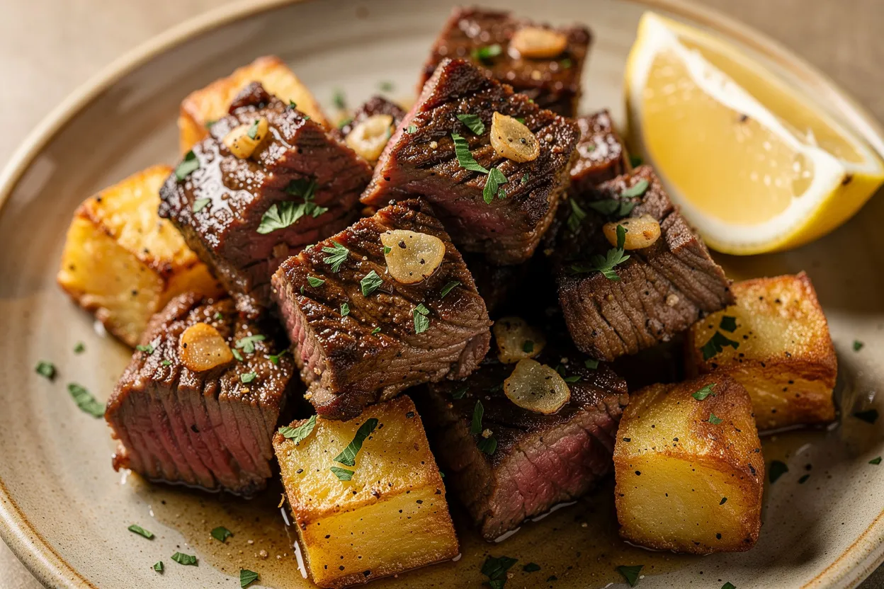 Garlic Butter Steak Bites with Crispy Herbed Potatoes: close-up food photography of browned steak bites and golden potato cubes glazed in garlic butter, garnished with chopped parsley and a lemon wedge. Visible ingredients: seared beef cubes, crispy potatoes, melted butter, garlic pieces, fresh parsley, lemon. Cuisine style: American comfort food, rustic skillet presentation on a shallow ceramic plate, warm natural lighting, shallow depth of field, restaurant-quality styling. IMPORTANT: No text, no labels, no captions, no words on the image. Pure food photography only.