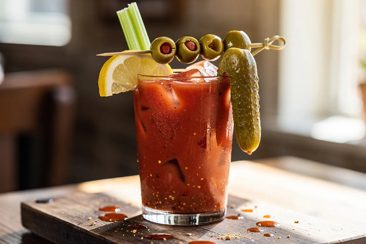 A tall Bloody Mary cocktail in a highball glass garnished with a celery stalk, lemon wedge, pickle spear, and skewered green olives. Visible ingredients include tomato juice, vodka, horseradish, Worcestershire, and hot sauce. American brunch cocktail style, rustic wooden board, bright natural lighting, restaurant-quality presentation with shallow depth of field. IMPORTANT: No text, no labels, no captions, no words on the image. Pure food photography only.