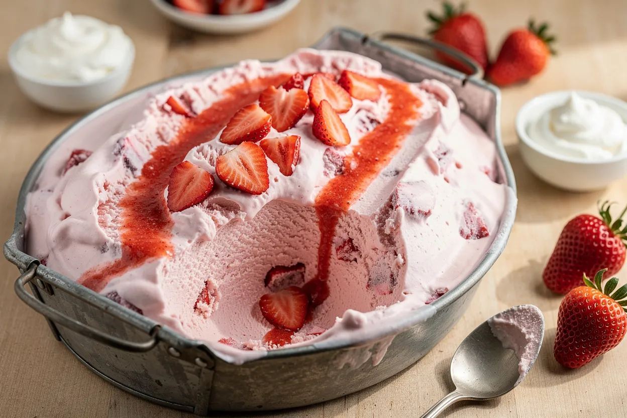 No-Churn Strawberry Ice Cream with visible fresh strawberry pieces and a pink fruit swirl. A rustic loaf pan or bowl of creamy pale-pink ice cream with chopped strawberries on top and a ribbon of brighter strawberry puree running through it. American-style dessert photography, bright natural light, soft shallow depth of field, ingredients visible: strawberries, whipped cream texture, spoon or spatula nearby. Clean, appetizing, homestyle presentation on a wooden surface. IMPORTANT: No text, no labels, no captions, no words on the image. Pure food photography only.