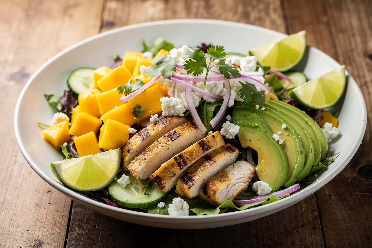 A professional, appetizing food photography shot of Grilled Mango-Chile Chicken Salad with Lime Vinaigrette. Visible ingredients: grilled chicken slices, diced ripe mango, avocado slices, mixed salad greens, cucumber, crumbled feta, thin red onion, cilantro, and lime wedges. Style: Latin American-inspired, light and fresh, summer salad presentation in a shallow white bowl on a rustic wooden table. Clean, well-lit, restaurant-quality presentation with shallow depth of field and natural lighting. IMPORTANT: No text, no labels, no captions, no words on the image. Pure food photography only.