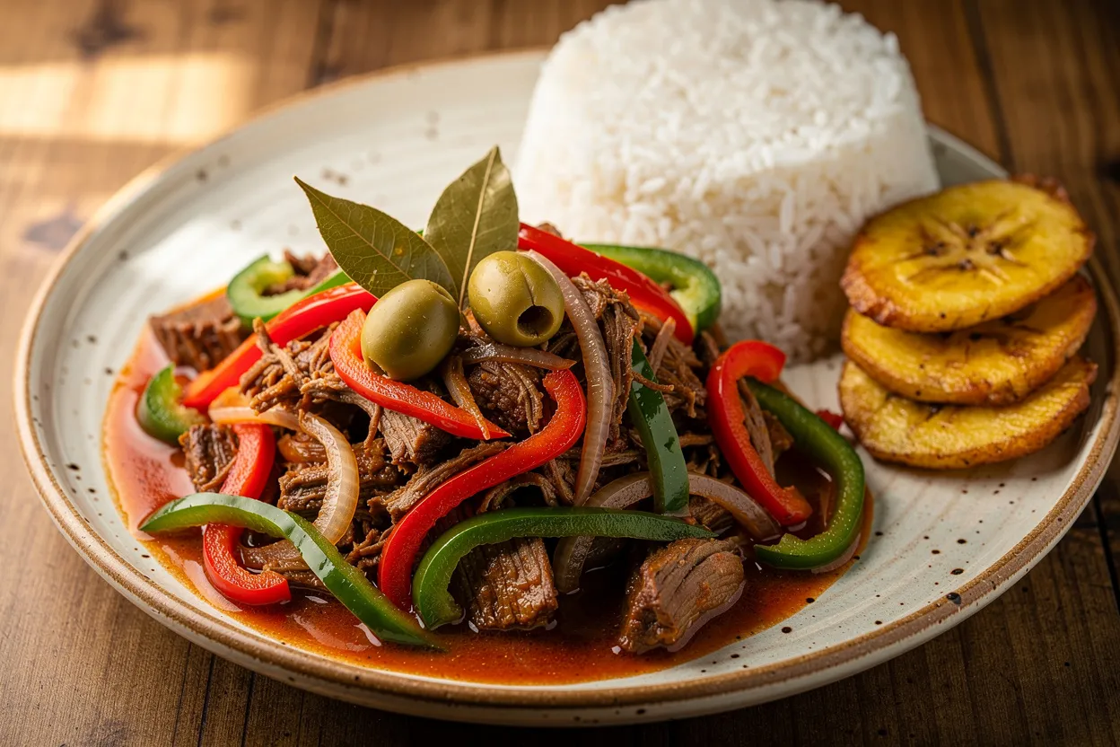 A warm, appetizing food photography shot of Classic Cuban Ropa Vieja: shredded flank steak in a rich tomato-pepper sauce with visible strips of red and green bell pepper, sliced onions, green olives and bay leaves. Styled in a rustic shallow bowl with a side of white rice and fried plantains on a wooden table. Cuban cuisine, home-cooked comfort food presentation, vibrant colors, natural soft lighting, shallow depth of field, restaurant-quality. IMPORTANT: No text, no labels, no captions, no words on the image. Pure food photography only.