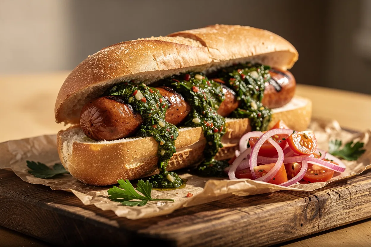 A professional, appetizing food photography shot of a Grilled Choripan Sandwich with Chimichurri Sauce. Main visible ingredients: split grilled chorizo sausage tucked into a crusty roll, bright green chimichurri drizzled over the sausage, optional salsa criolla (thin red onion and tomato) on the side, and a few fresh parsley leaves for garnish. Cuisine style: Argentine street food. Presentation style: rustic wooden board with parchment, warm natural light, shallow depth of field, close-up showing juicy chorizo and vibrant sauce. IMPORTANT: No text, no labels, no captions, no words on the image. Pure food photography only.
