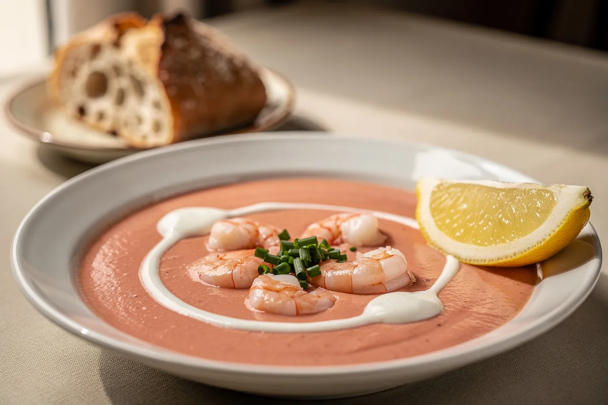 A professional, appetizing food photography shot of Velvety French Shrimp Bisque with Cognac and Cream. Smooth, coral-colored bisque served in a shallow white bowl, visible plump shrimp, a swirl of cream, chopped chives and a lemon wedge on the side; rustic crusty bread in the background. Style: French cuisine, elegant rustic presentation, restaurant-quality plating, warm natural light, shallow depth of field. IMPORTANT: No text, no labels, no captions, no words on the image. Pure food photography only.