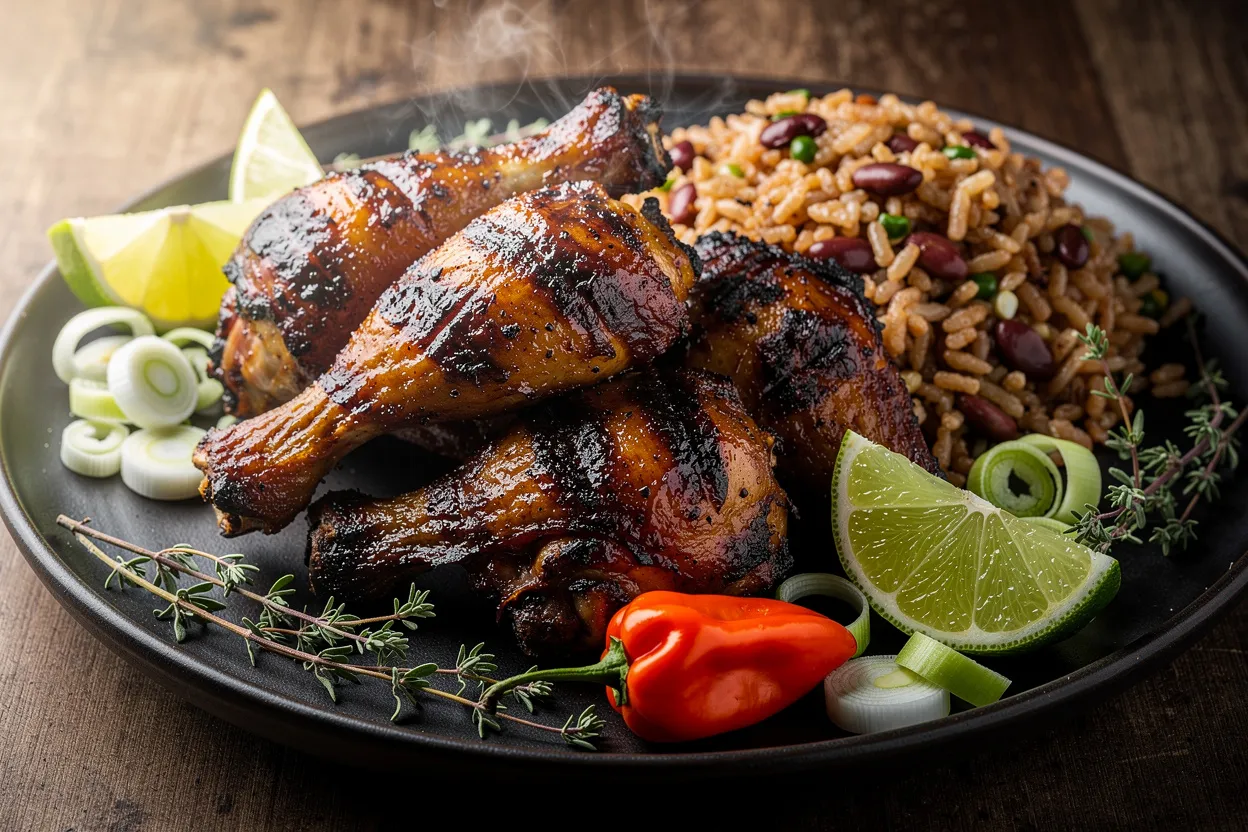 Authentic Jamaican Jerk Chicken plated with charred, glossy chicken thighs, lime wedges, scallions, and a side of rice and peas. Visible ingredients: bone-in chicken thighs, scallions, Scotch bonnet pepper, fresh thyme sprigs, lime wedges, and charred grill marks. Cuisine style: Jamaican / Caribbean. Presentation: rustic, restaurant-quality plating on a dark ceramic plate with natural soft lighting and shallow depth of field, steam visible, vibrant colors, fresh herb garnish. IMPORTANT: No text, no labels, no captions, no words on the image. Pure food photography only.
