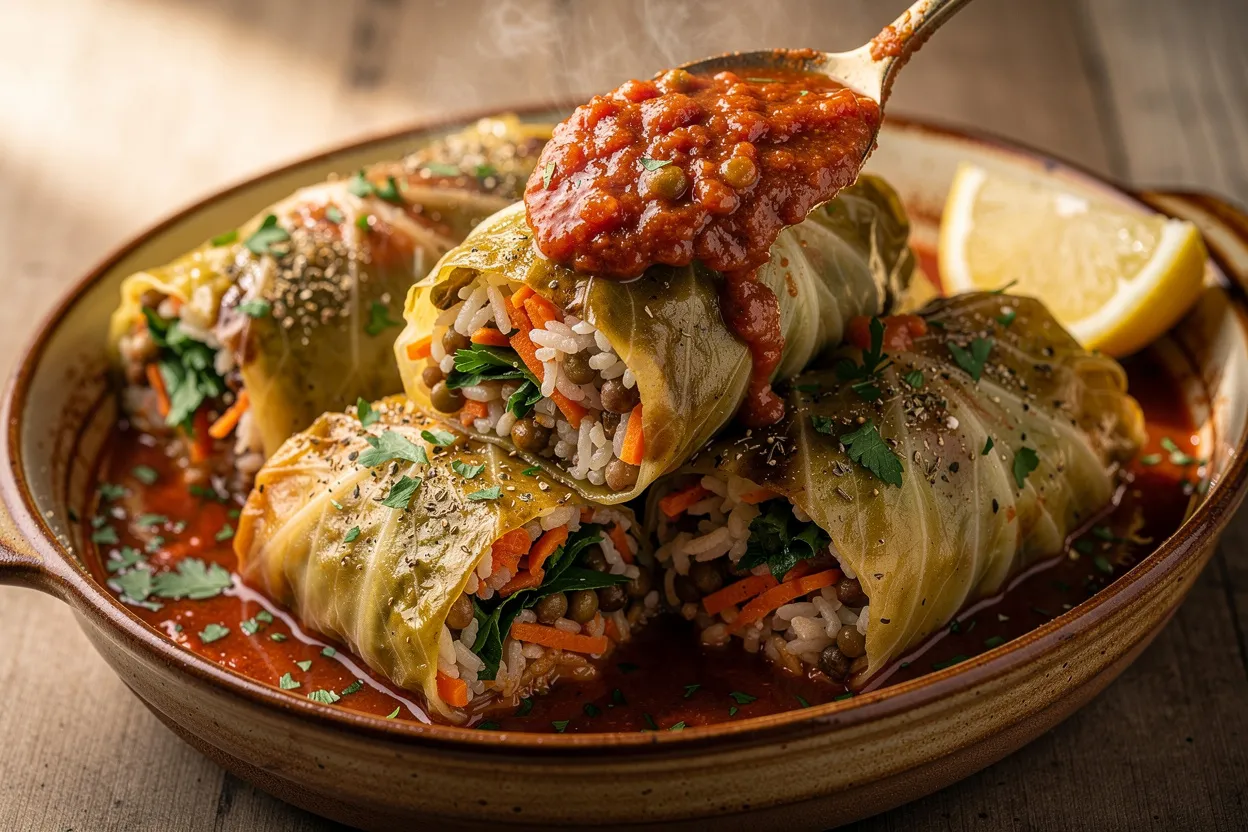 Hearty Vegetarian Cabbage Rolls with Tomato-Greek Filling: a rustic baking dish filled with neatly rolled cabbage leaves in a glossy tomato-herb sauce, visible filling of rice, lentils, shredded carrot and fresh parsley on top. Cuisine style: Eastern European comfort with Mediterranean herb notes. Presentation: warm, rustic ceramic dish, spoonful of sauce ladled over rolls, garnished with chopped parsley and lemon wedge at the side. Clean, natural lighting, shallow depth of field, appetizing restaurant-quality food photography. IMPORTANT: No text, no labels, no captions, no words on the image. Pure food photography only.