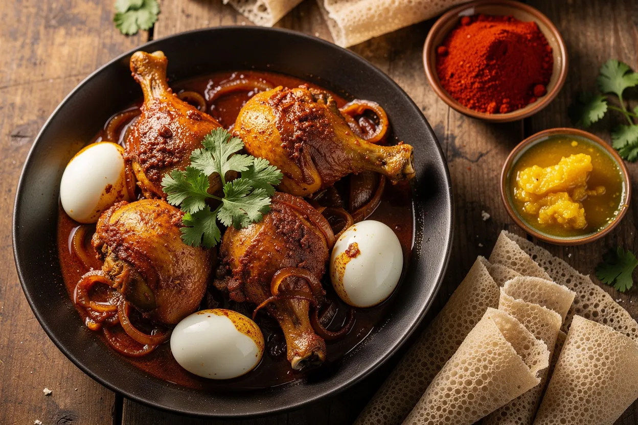 A professional food photography shot of Doro Wat, Ethiopian spicy chicken stew. Visible: bone-in chicken pieces in a deep red, richly spiced sauce, caramelized onions, hard-boiled eggs tucked into the stew, a small bowl of berbere spice and a pat of niter kibbeh on the side. Styled on a rustic wooden table with injera flatbread and fresh cilantro garnish, warm, communal Ethiopian dinner presentation. Cuisine: Ethiopian, traditional stew. Style: restaurant-quality, warm natural lighting, shallow depth of field. IMPORTANT: No text, no labels, no captions, no words on the image. Pure food photography only.