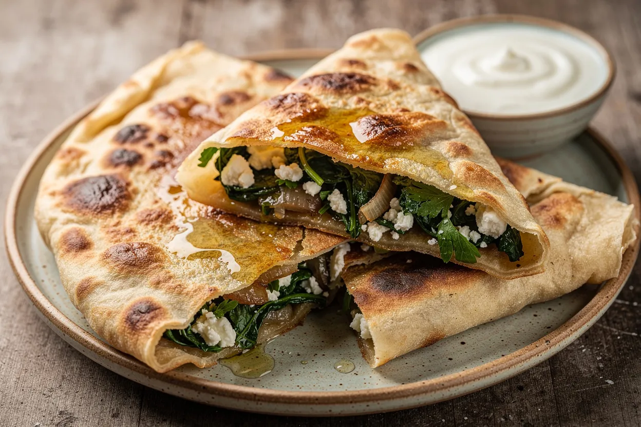A rustic plate of freshly cooked Gozleme: thin golden Turkish flatbreads folded and sealed, cut to reveal a filling of bright spinach, crumbled feta, chopped parsley, and caramelized onion. Visible details: browned, crisp exterior, flaky layers, a drizzle of melted butter, and a small bowl of yogurt dip at the side. Style: Turkish street-food, warm and inviting, restaurant-quality food photography, natural soft lighting, shallow depth of field, close-up on texture and filling. IMPORTANT: No text, no labels, no captions, no words on the image. Pure food photography only.