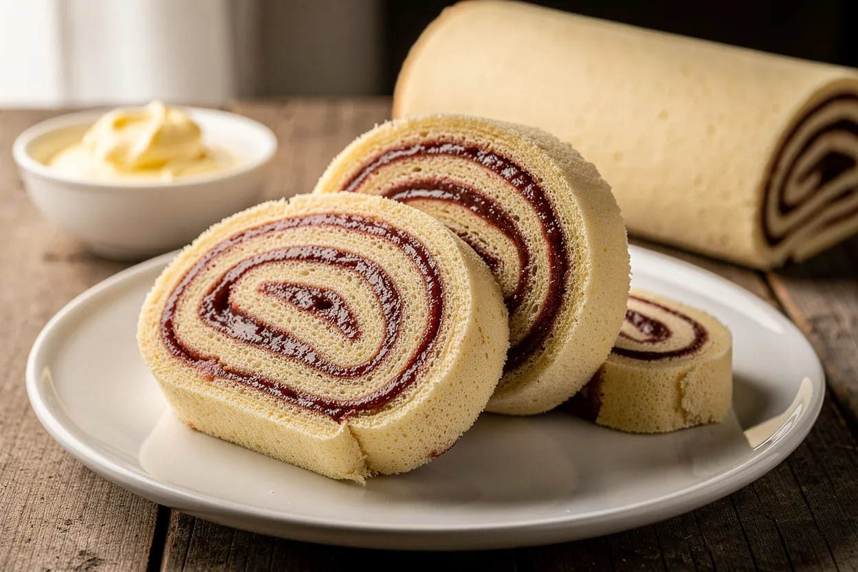 A professional, appetizing food photography shot of Bolo de Rolo (Pernambuco rolled guava cake). Thin, pale sponge rolled into many fine spirals filled with glossy guava paste; visible slices showing delicate layers. Main ingredients visible: thin sponge cake, guava paste, a small bowl with extra melted butter. Style: Brazilian dessert, elegant pastry presentation on a white plate, rustic wooden table, soft natural lighting, shallow depth of field. IMPORTANT: No text, no labels, no captions, no words on the image. Pure food photography only.