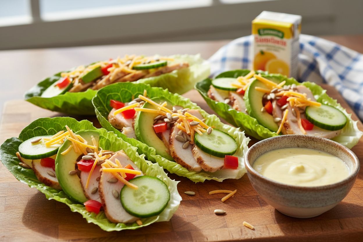 A bright, appetizing food photography shot of Quick High-Energy Turkey & Avocado Lettuce Boats. Visible ingredients: butter lettuce leaves filled with sliced roasted turkey, avocado halves, shredded cheddar, diced red bell pepper, cucumber slices, sunflower seeds and a creamy lemon-yogurt dressing on the side. Style: casual American lunch, vibrant colors, fresh and healthy presentation on a wooden board with small dipping bowl of dressing. Composition: close-up, shallow depth of field, natural light, clean plating with a child-friendly school-lunch vibe. IMPORTANT: No text, no labels, no captions, no words on the image. Pure food photography only.