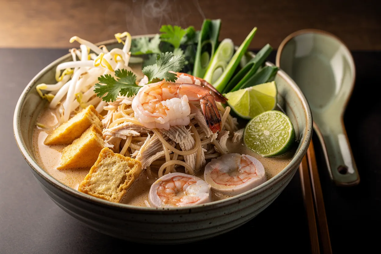A professional, appetizing food photography shot of Creamy Malaysian Laksa Noodle Soup with Shrimps and Chicken. Visible ingredients: steaming coconut-laced broth, rice vermicelli, pink shrimp, shredded chicken, tofu puffs, fish cake slices, bean sprouts, lime wedges, cilantro and sliced green onions. Cuisine style: Malaysian, Southeast Asian. Presentation: rustic ceramic bowl, bright garnishes, spoon and chopsticks at the side, shallow depth of field, warm natural lighting, restaurant-quality plating. IMPORTANT: No text, no labels, no captions, no words on the image. Pure food photography only.