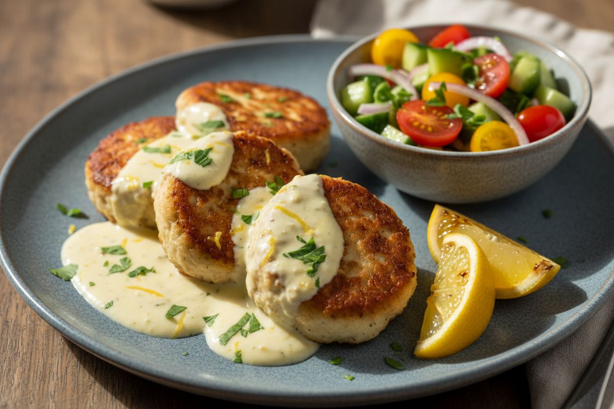 A professional, appetizing food photography shot of Pan-Seared Gefilte Fish Cakes with Lemony Tahini Sauce. Visible: golden brown fish cakes made from gefilte fish, a drizzle of creamy tahini-lemon sauce, fresh parsley, lemon wedges, and a small Israeli salad of cucumber and cherry tomatoes on the side. Style: modern Israeli appetizer, bright natural lighting, rustic ceramic plate, restaurant-quality presentation, close-up shallow depth of field. IMPORTANT: No text, no labels, no captions, no words on the image. Pure food photography only.