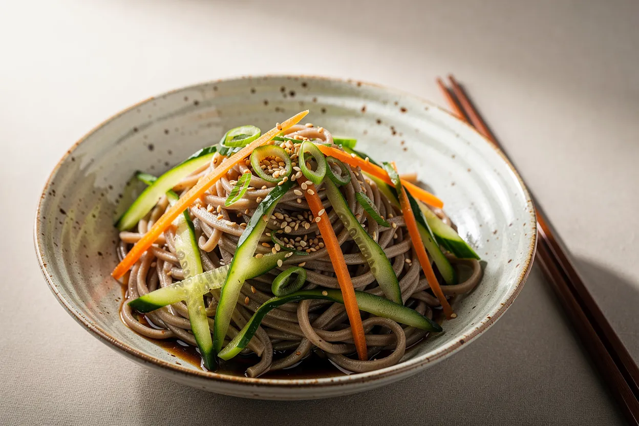 Gluten-Free Soba Noodles with Sesame-Soy Dressing in a shallow Japanese ceramic bowl, visible ingredients: 100% buckwheat soba noodles, thin cucumber ribbons, julienned carrot, sliced scallions, toasted sesame seeds, and a glossy sesame-soy dressing. Cuisine style: Japanese; presentation style: bright, clean, restaurant-quality food photography with a rustic ceramic bowl, chopsticks at the side, soft natural lighting, shallow depth of field. IMPORTANT: No text, no labels, no captions, no words on the image. Pure food photography only.