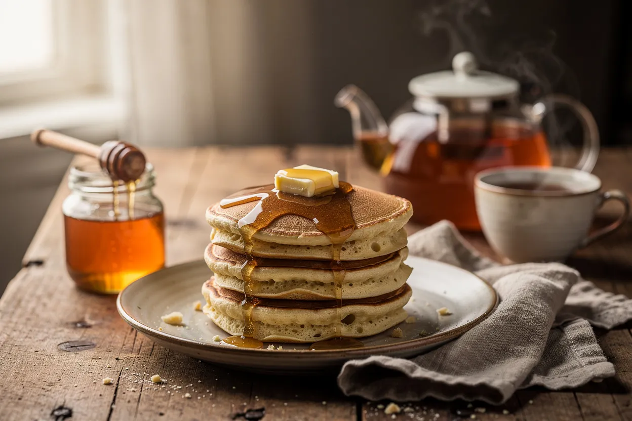 A professional, appetizing food photography shot of Fluffy Honey Pancakes with a pot of Earl Grey tea. A stack of golden pancakes drizzled with honey and a pat of melting butter on top, a small jar or spoon of honey nearby, a teapot and teacup of Earl Grey tea visible in the background. Style: American brunch, cozy rustic presentation on a ceramic plate with linen napkin and wooden table, soft natural lighting, shallow depth of field, warm tones, inviting and homey. IMPORTANT: No text, no labels, no captions, no words on the image. Pure food photography only.