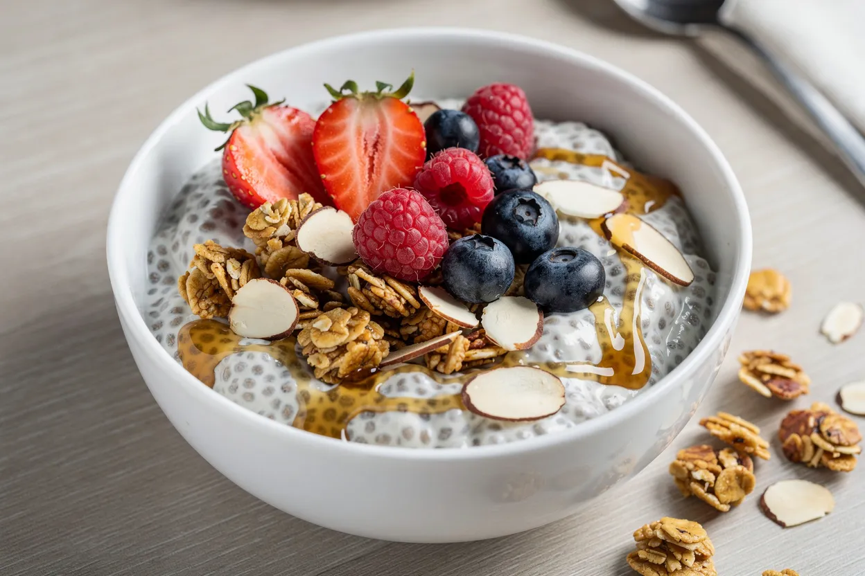 A bright, appetizing food photography shot of Vanilla Almond Chia Pudding with Berries & Granola. Visible ingredients: creamy vanilla chia pudding in a bowl, fresh mixed berries (strawberries, blueberries, raspberries), crunchy granola, and sliced almonds, with a drizzle of maple. Style: modern, health-forward American breakfast, clean ceramic bowl on a light wooden table, soft natural lighting, shallow depth of field, restaurant-quality presentation. IMPORTANT: No text, no labels, no captions, no words on the image. Pure food photography only.