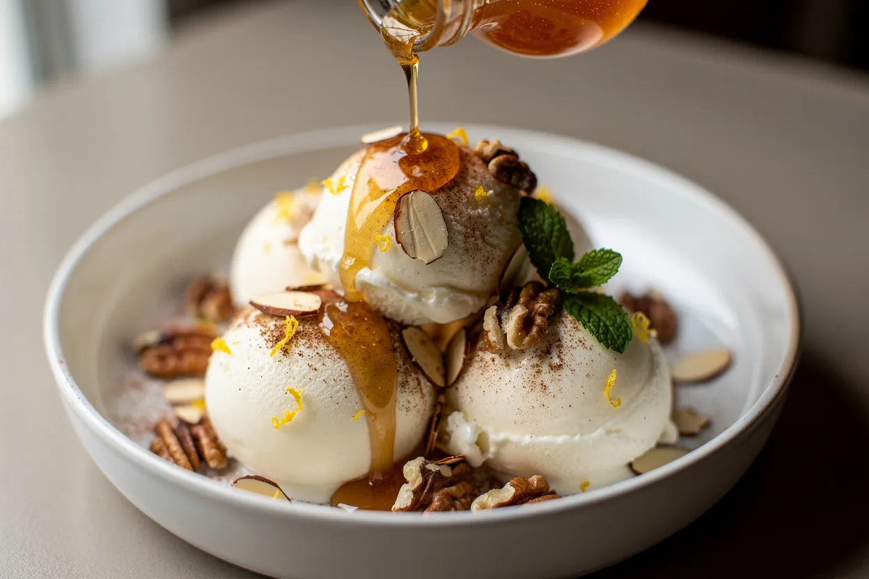 A professional, appetizing food photography shot of Vanilla Ice Cream Balls with Warm Honey and Toasted Nuts. Four scoops of creamy vanilla ice cream in a shallow white bowl, golden honey being poured over the scoops, toasted sliced almonds and chopped walnuts sprinkled on top, a light dusting of cinnamon, lemon zest, and a few fresh mint leaves for garnish. Style: modern American dessert, clean and elegant presentation, restaurant-quality plating, warm natural lighting, shallow depth of field. IMPORTANT: No text, no labels, no captions, no words on the image. Pure food photography only.