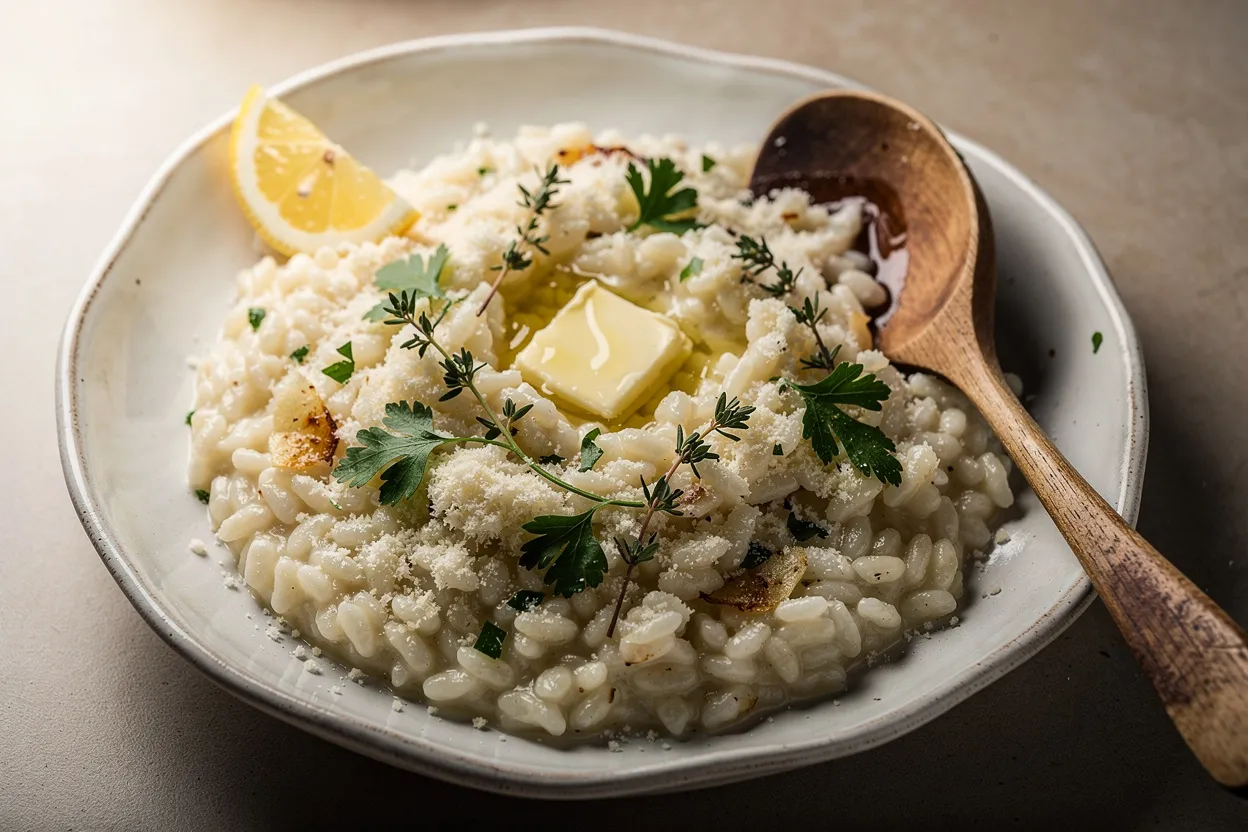 Creamy Garlic Parmesan Risotto with visible Arborio rice grains, grated Parmesan, fresh parsley and thyme, lemon wedge and a pat of melting butter on top; Italian-style comfort food, served in a shallow rustic white bowl with a wooden spoon, close-up, natural soft lighting, shallow depth of field, restaurant-quality food photography. IMPORTANT: No text, no labels, no captions, no words on the image. Pure food photography only.