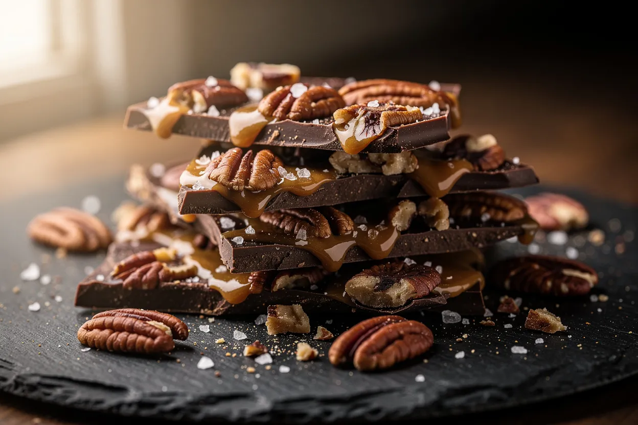 A high-end food photography shot of Salted Brown Butter Caramel Chocolate Bark with Pecans. Visible: glossy chocolate shards layered with golden brown-butter caramel ribbon, toasted pecan pieces and flaky sea salt on top. Style: American candy, rustic-modern presentation on a dark slate, pieces arranged casually, warm natural light, shallow depth of field. IMPORTANT: No text, no labels, no captions, no words on the image. Pure food photography only.