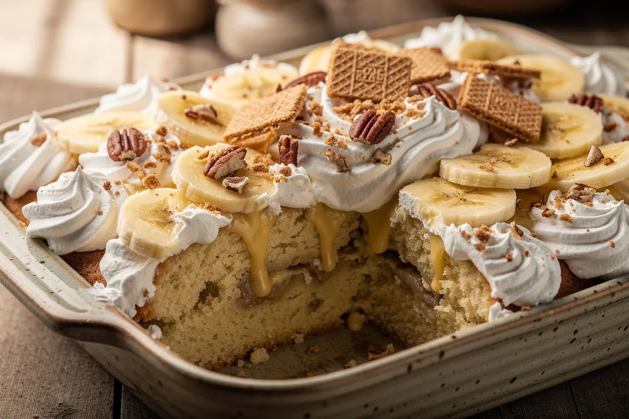A professional food photo of Southern Banana Pudding Poke Cake with visible banana slices, creamy vanilla custard, whipped cream dollops, and crushed vanilla wafers on top. Southern-inspired dessert, served in a rustic ceramic 9x13 dish with a slice removed to reveal moist cake and pockets of pudding, sprinkled with toasted pecans. Warm natural lighting, shallow depth of field, appetizing close-up, restaurant-quality styling. IMPORTANT: No text, no labels, no captions, no words on the image. Pure food photography only.