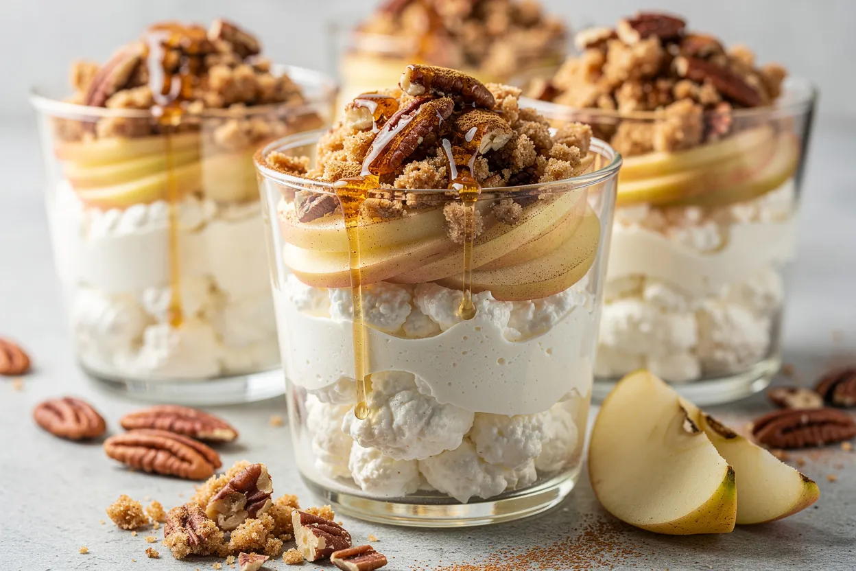 A bright, appetizing food photography shot of Low-Carb Cottage Cheese Apple Crumble Parfaits. Clear parfait glasses layered with creamy blended cottage cheese, thin apple slices, and golden almond-pecan crumble on top. Visible ingredients: cottage cheese, sliced apple, almond crumble, chopped pecans, cinnamon dusting, and a small drizzle of sugar-free maple syrup. Style: modern American dessert, clean and elegant plating, rustic glassware, soft natural lighting, shallow depth of field, restaurant-quality composition. IMPORTANT: No text, no labels, no captions, no words on the image. Pure food photography only.
